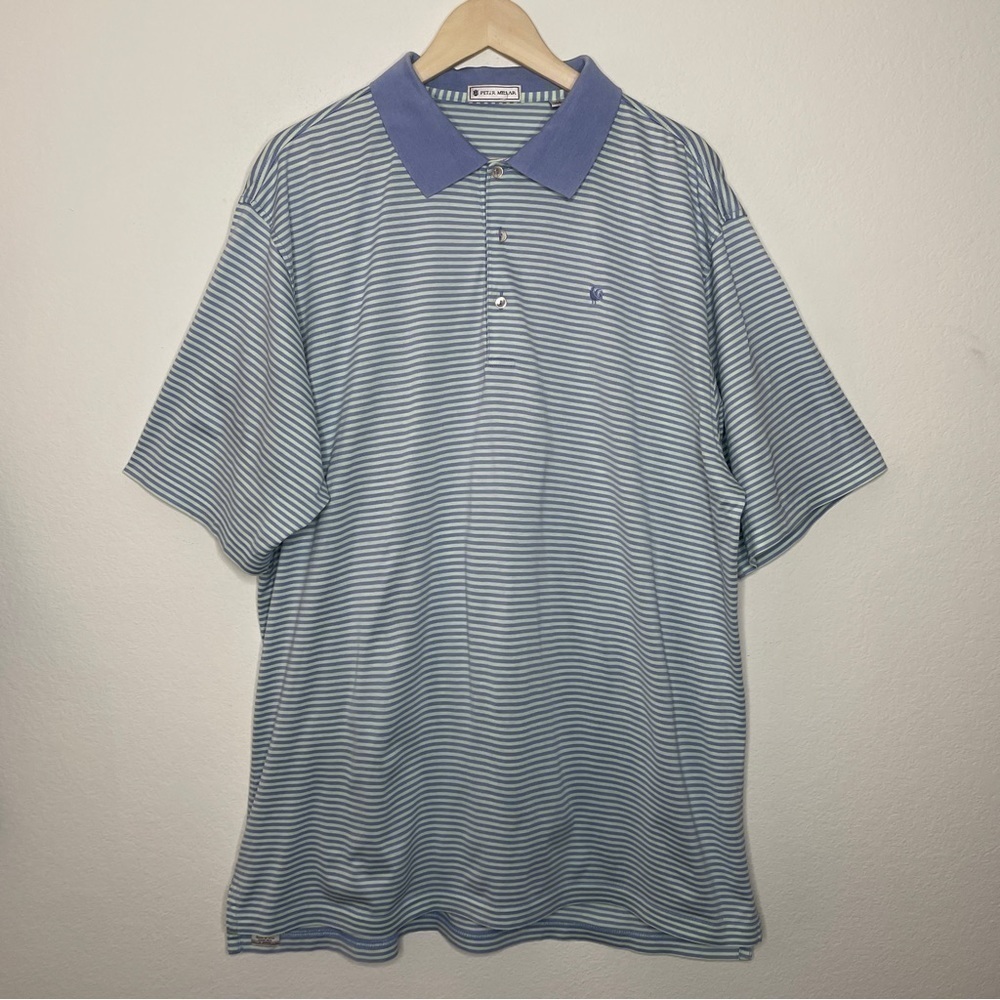 Peter Millar Blue Striped Cotton Polo Short Sleeve Shirt